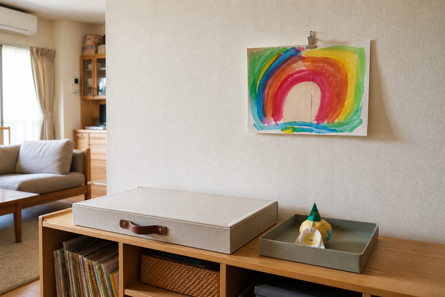 子どもの絵を一枚飾り平面作品の保管ケースと小さな紙工作の待機場所を分けたリビング