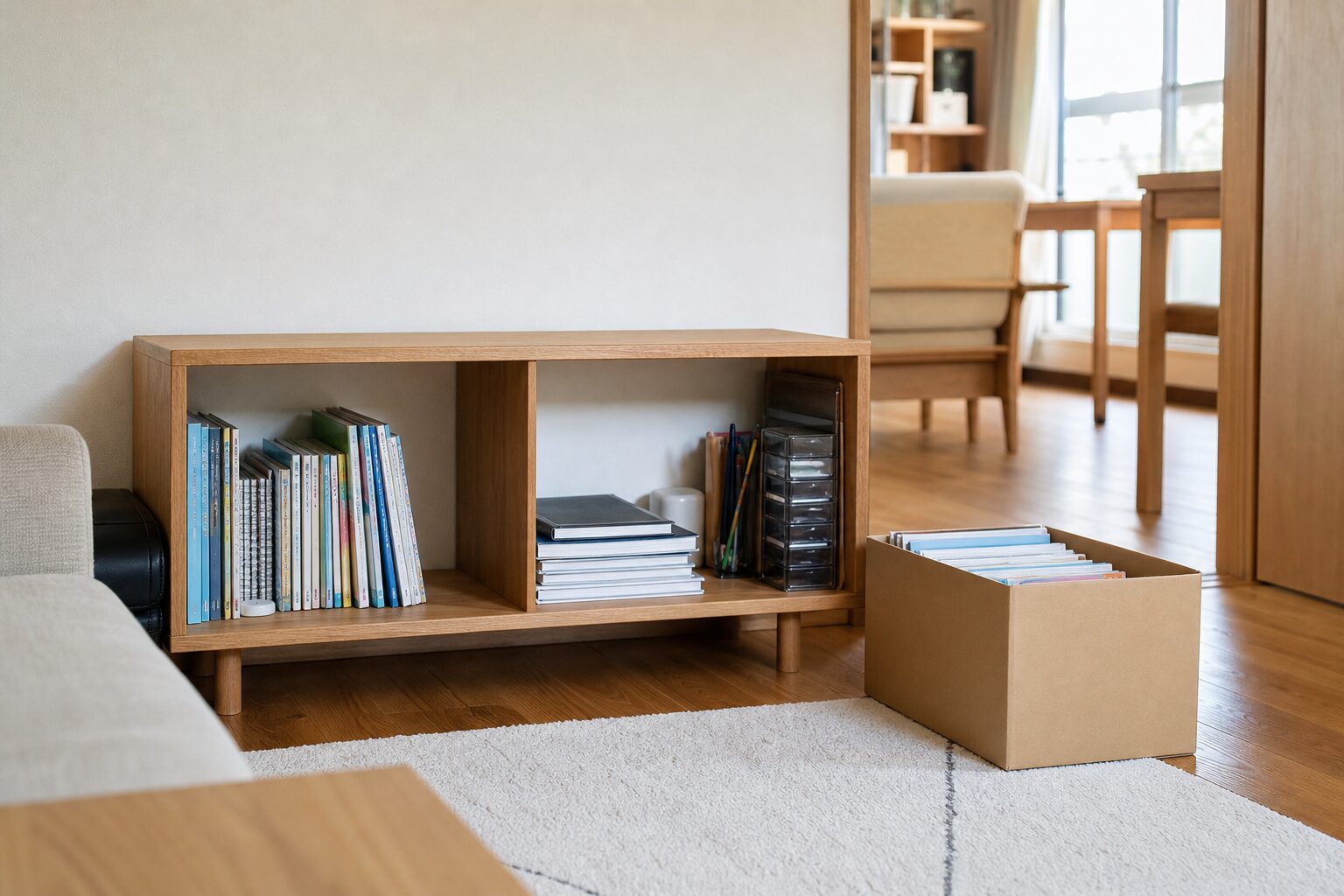 今使う教科書を低い棚に置き前学年分を別の保留箱へ分けた収納