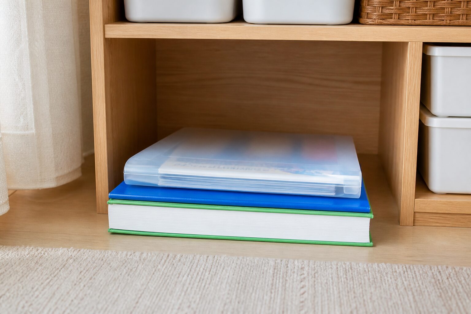 大きい教科書とノートとファイルを重ねて棚の出し入れ余白を試す場面