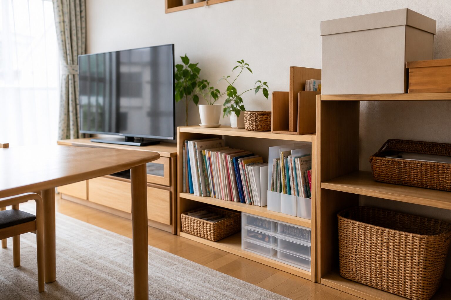 小学生が今使う教科書を低い棚へまとめ前学年分を別箱へ分けたリビング