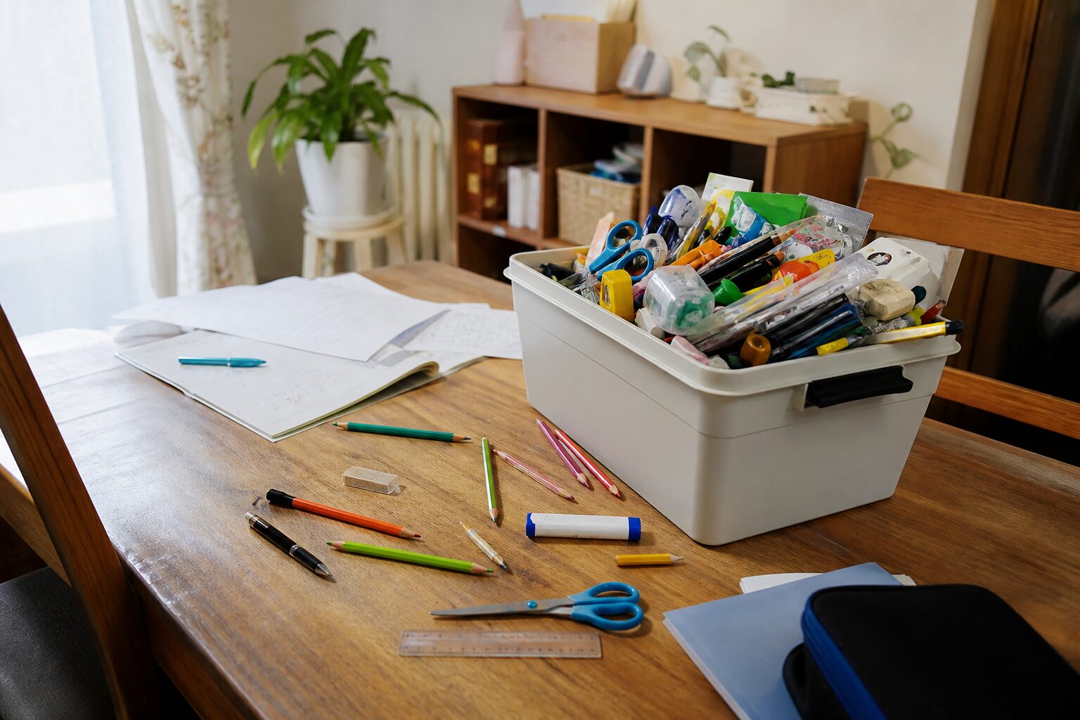 食事前のダイニングテーブルに文房具が散らばり大きな収納箱が物であふれた場面