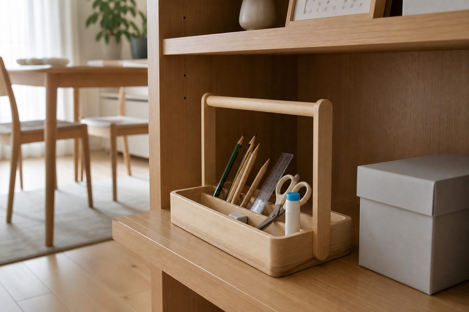 毎日使う文房具を浅い持ち運び箱へまとめ補充用の予備を別の箱へ分けた収納