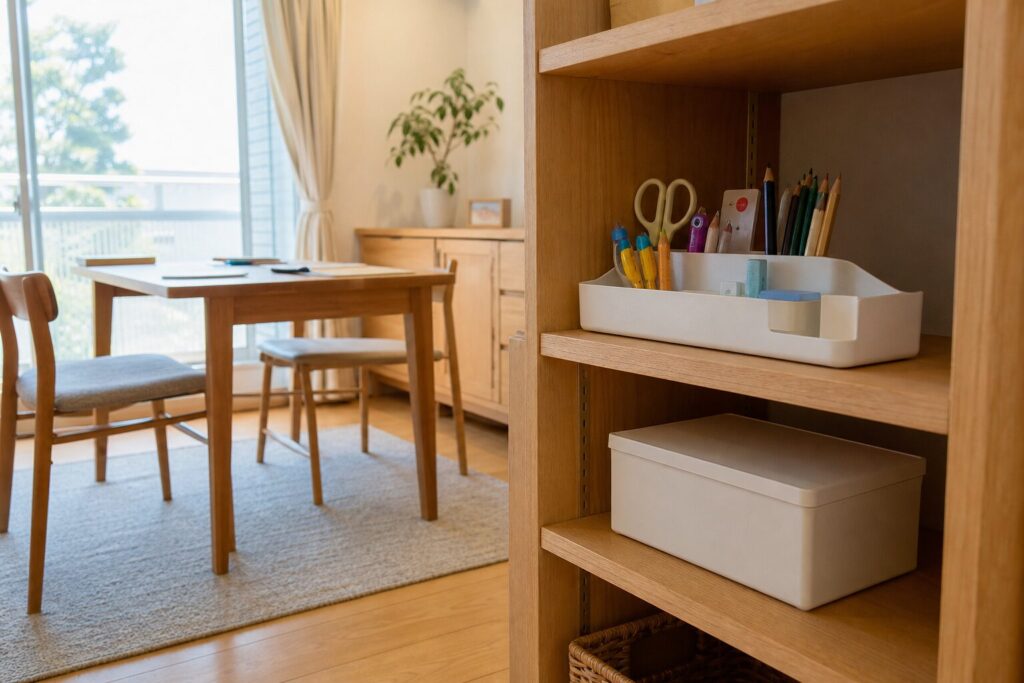 子どもが毎日使う文房具を持ち運び箱へまとめ予備を別にしたリビング学習収納