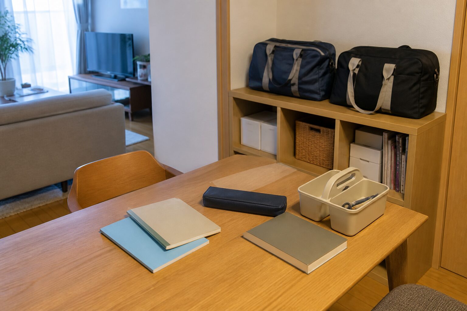 ダイニングテーブルへ日常教材だけを持ち運び長期用品を棚へ残した学用品収納