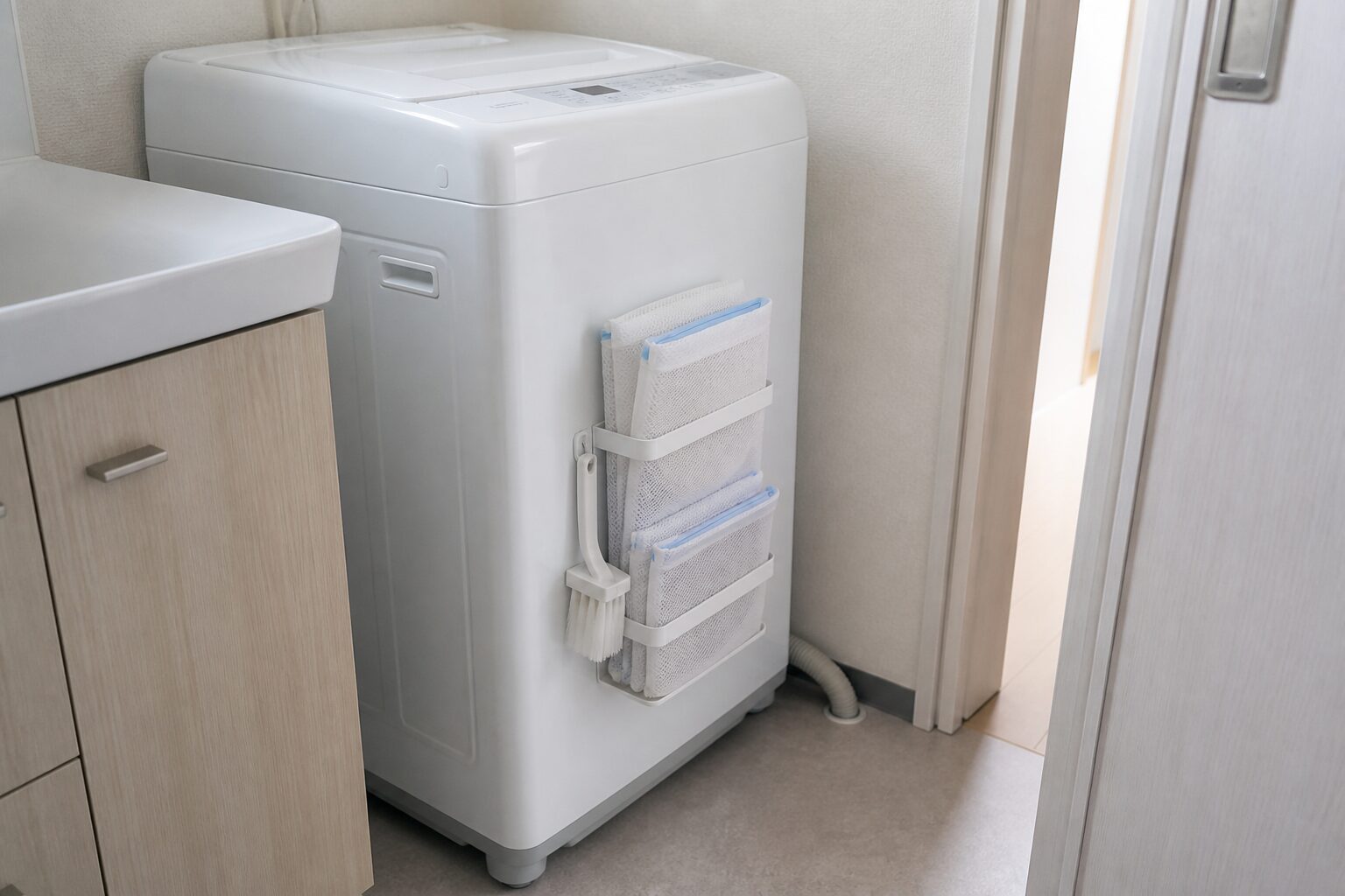 洗濯機の平らな側面へ軽い洗濯ネット用マグネット収納を取り付けた洗面所