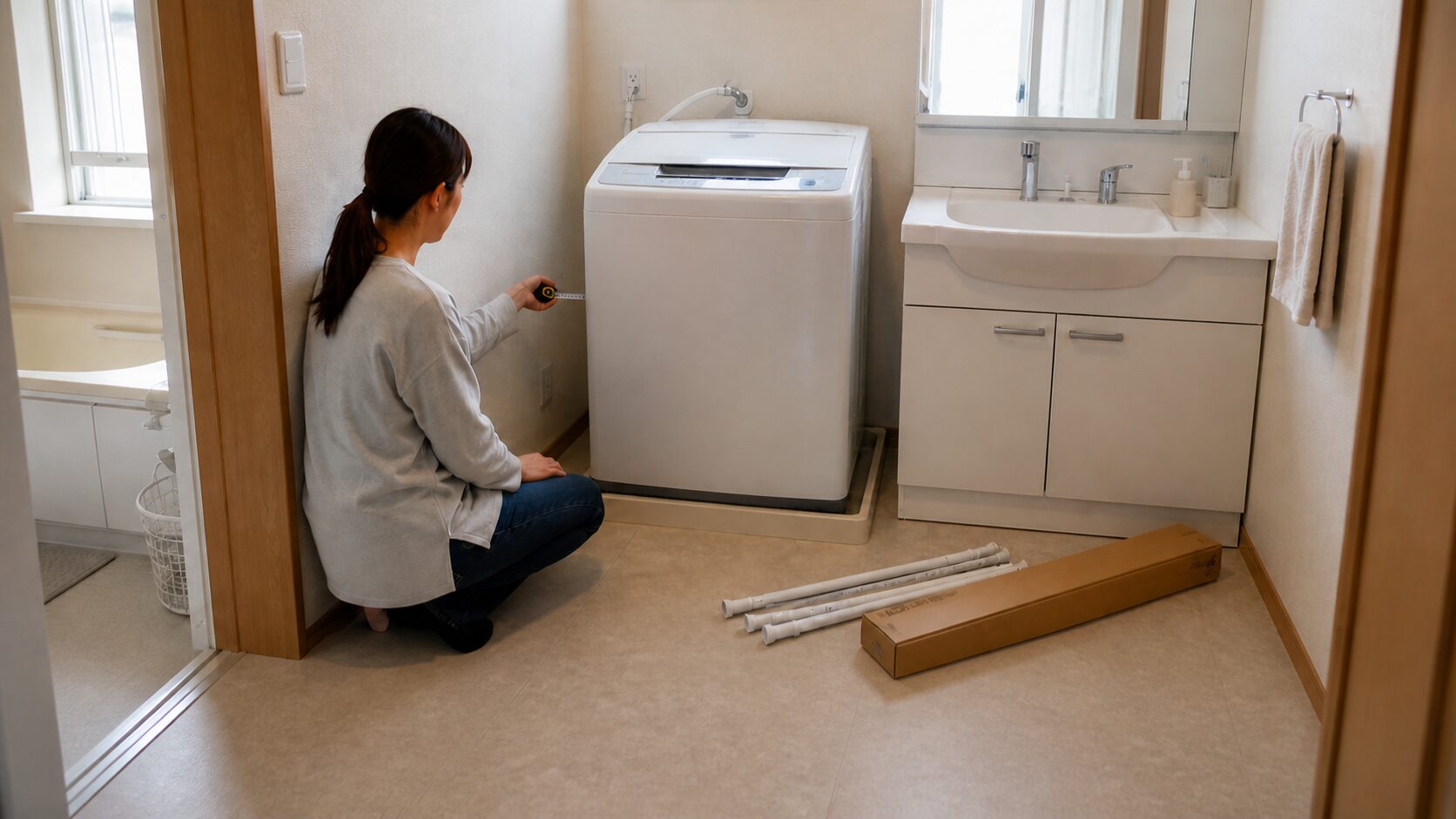 設置済みの洗濯機を動かさずラックを後付けできるか横のすき間を測る様子