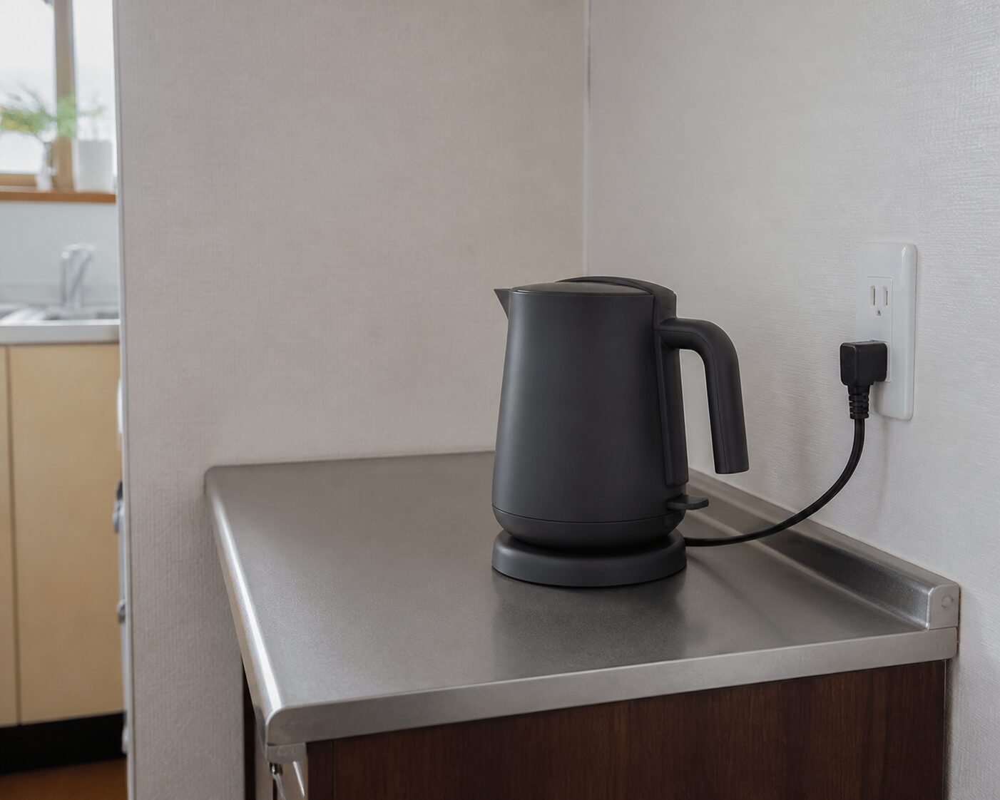 台の奥へ置きコードを壁側へ通した電気ケトル