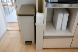 ゴミ箱の近くに開封中のゴミ袋を置き未開封ストックを棚へまとめた収納