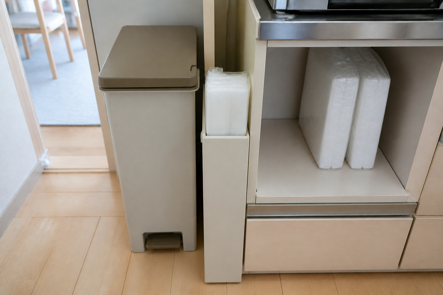 ゴミ箱の近くに開封中のゴミ袋を置き未開封ストックを棚へまとめた収納